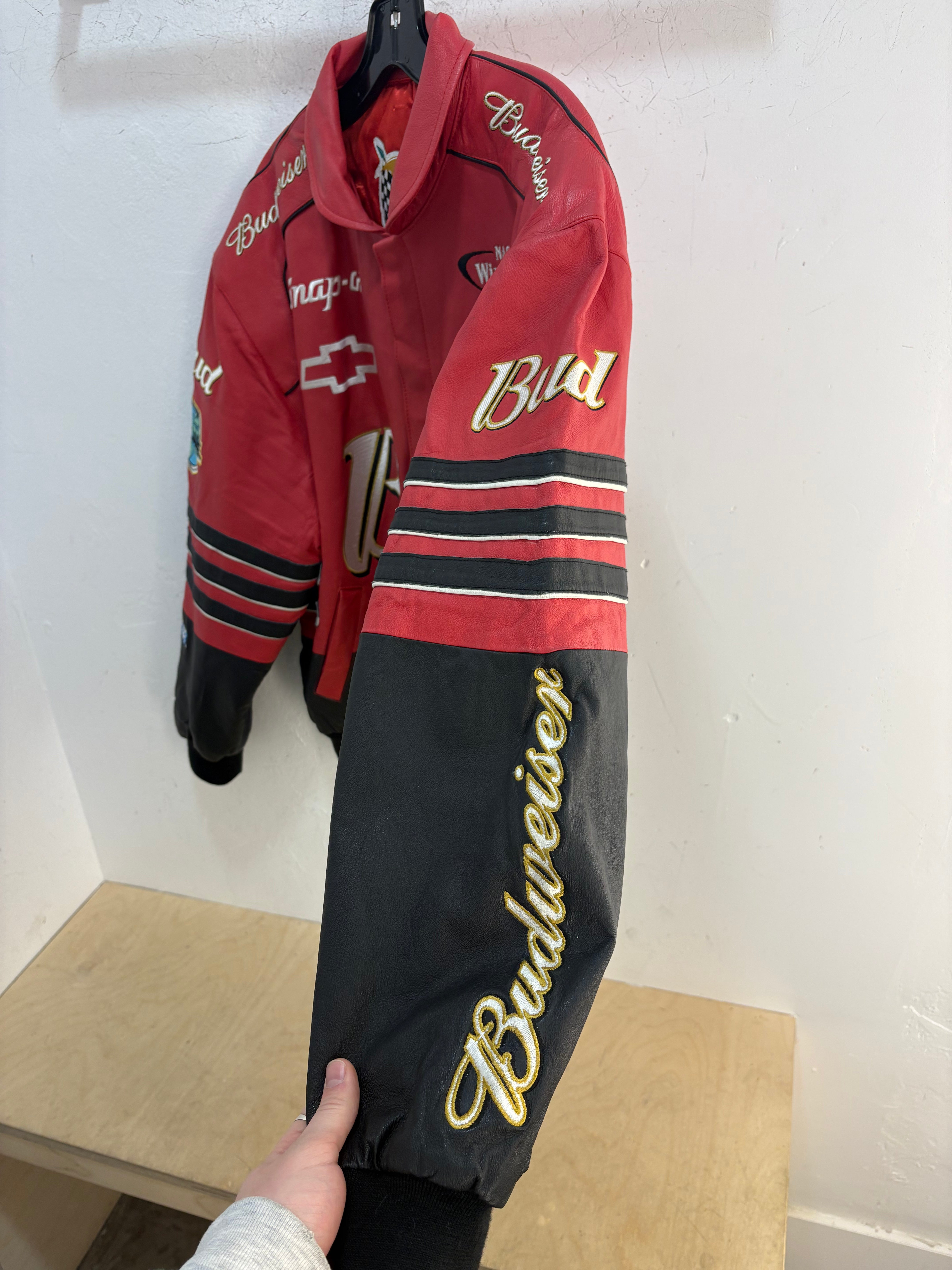Veste de course en cuir Jeff Hamilton Budweiser - taille L