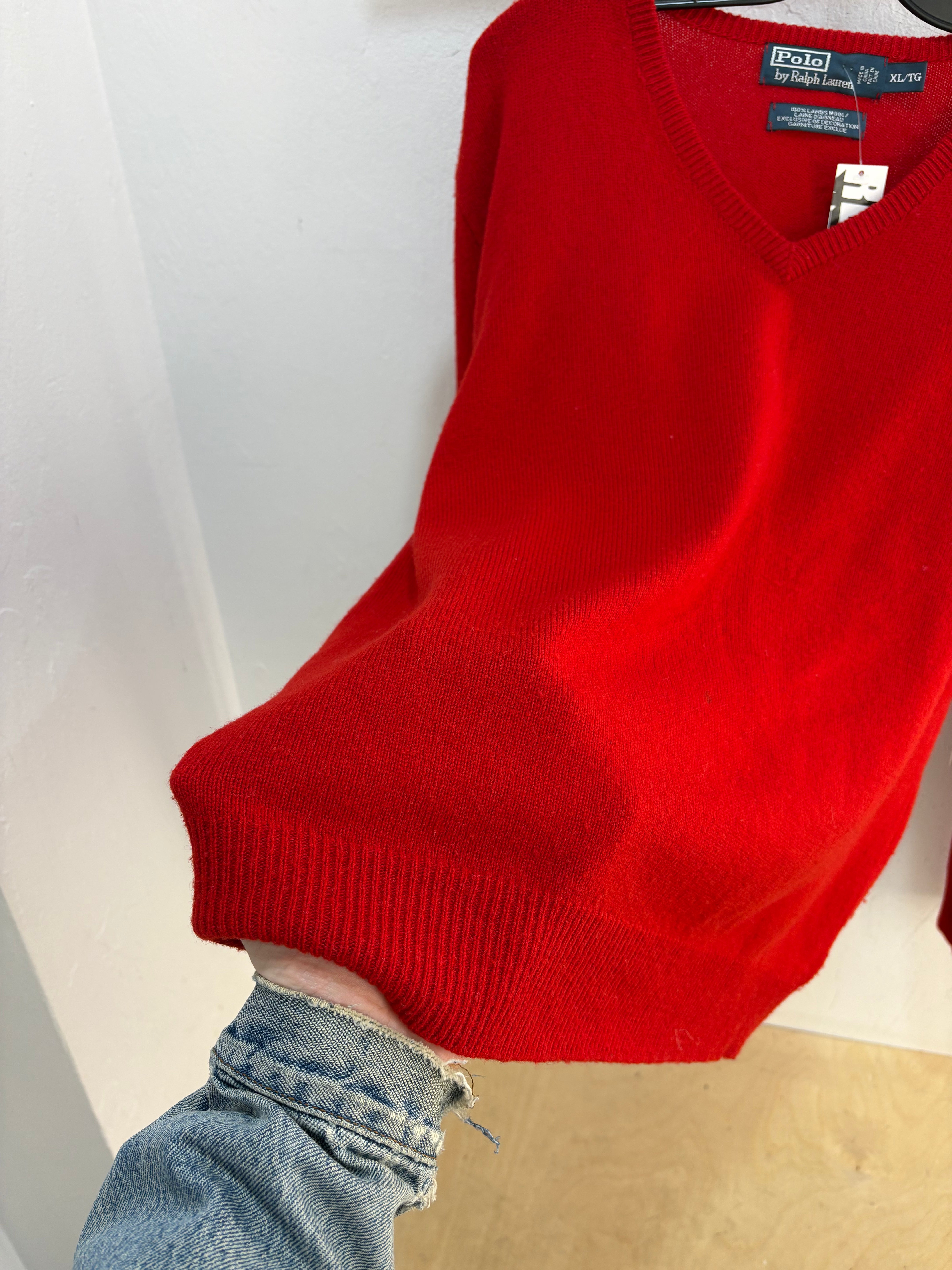 Polo RL red lambswool V knit sweater - size XL