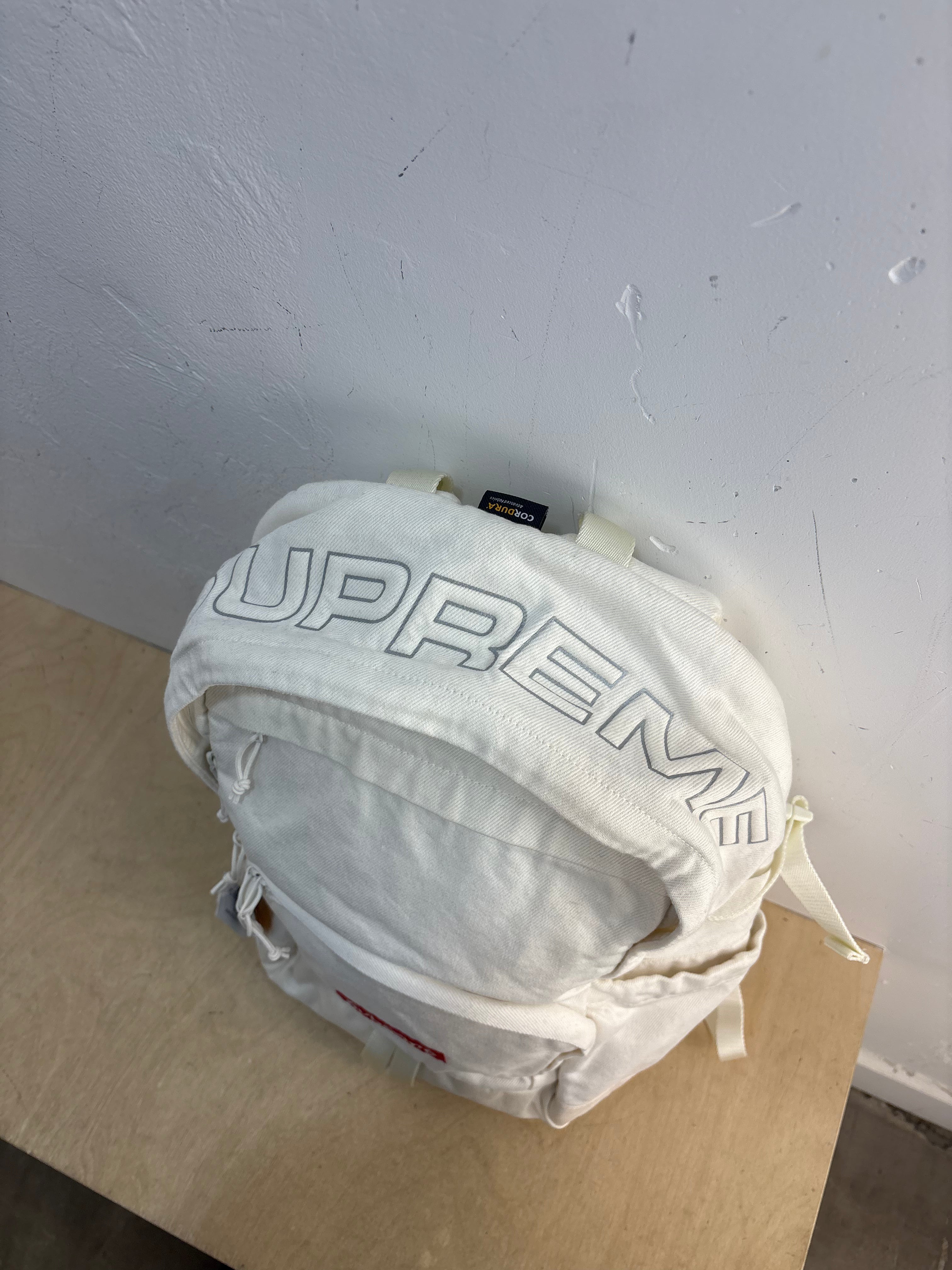 New Supreme white denim backpack