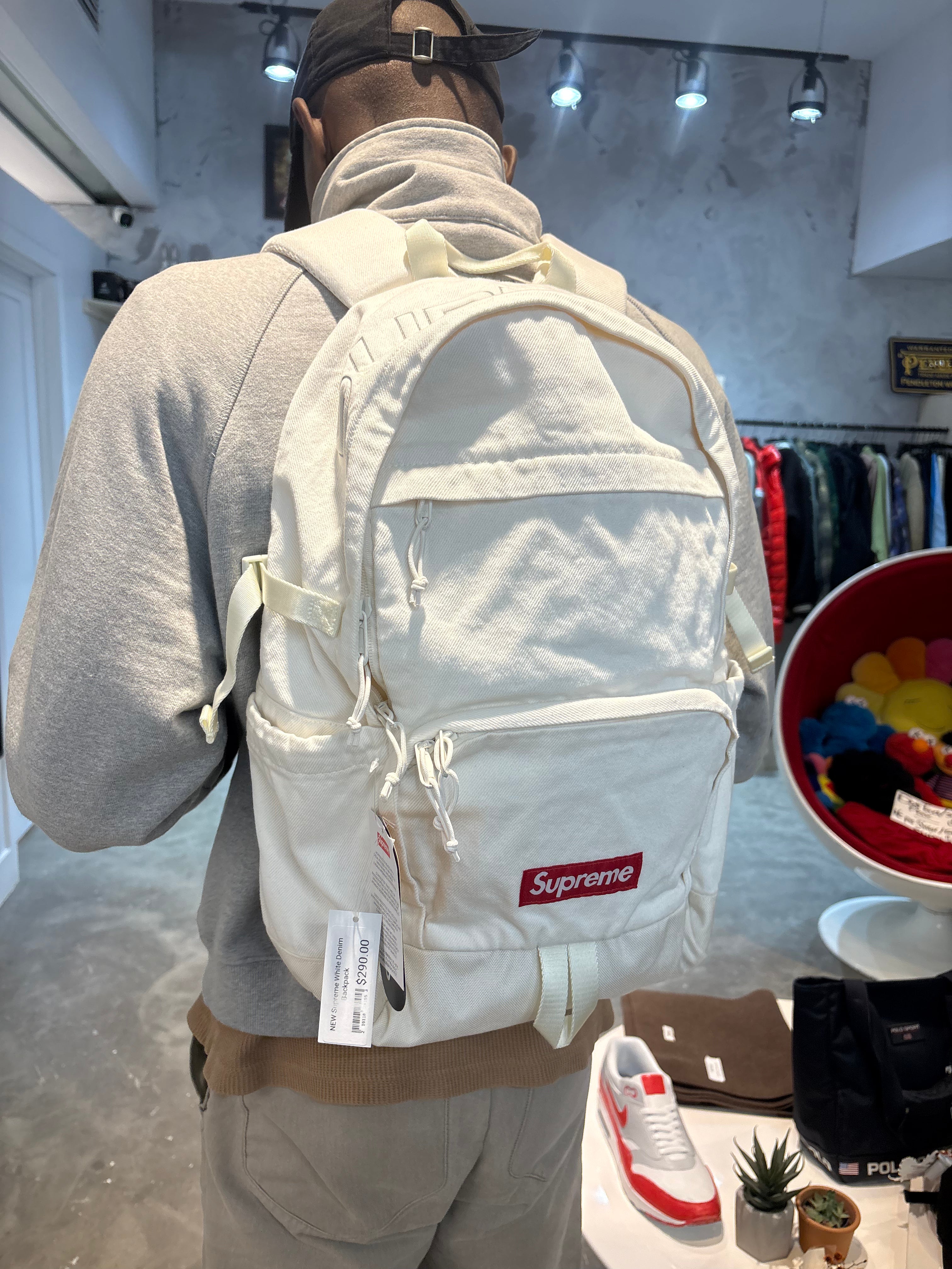 New Supreme white denim backpack