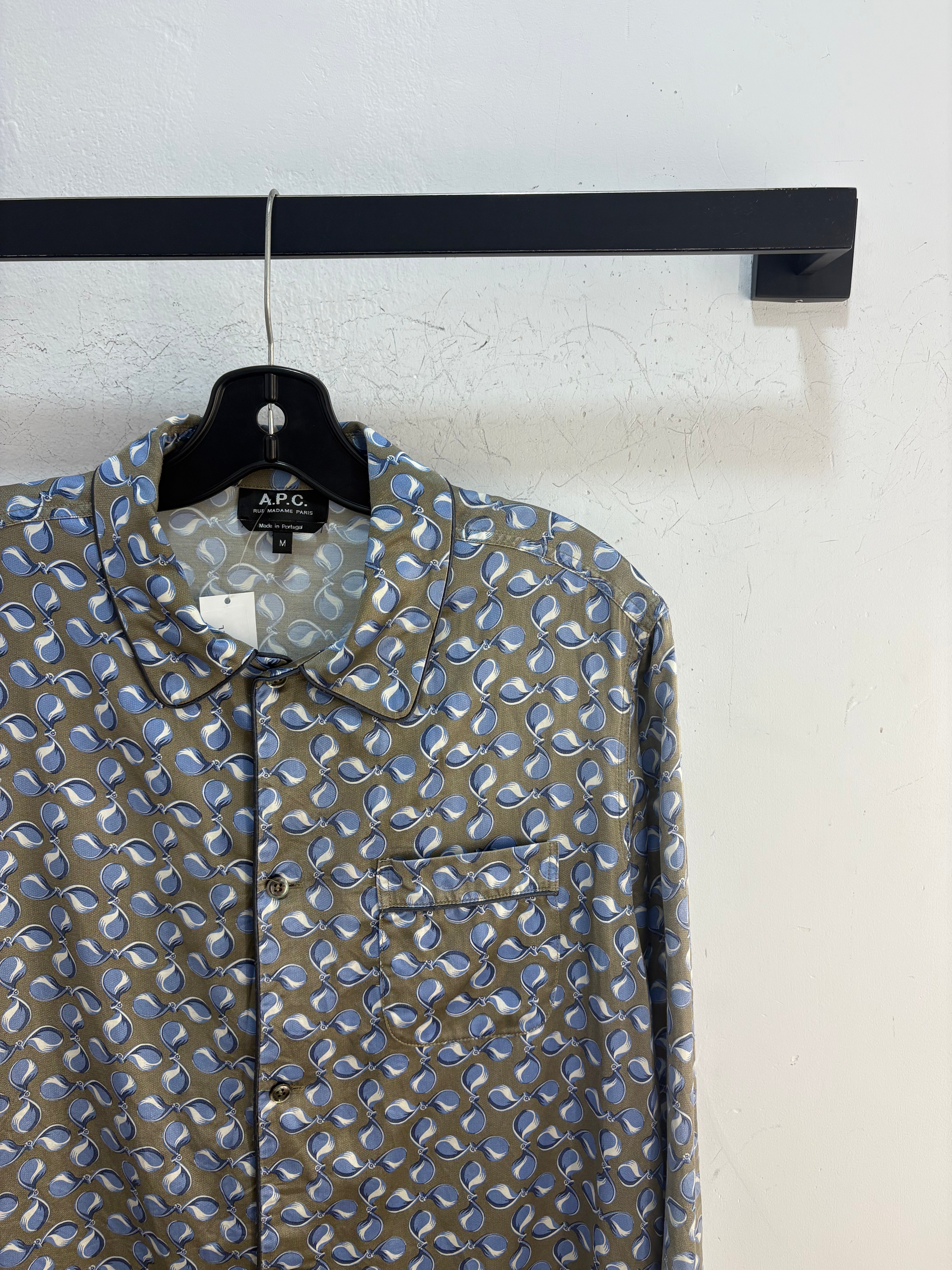 APC silver silky button up - size L