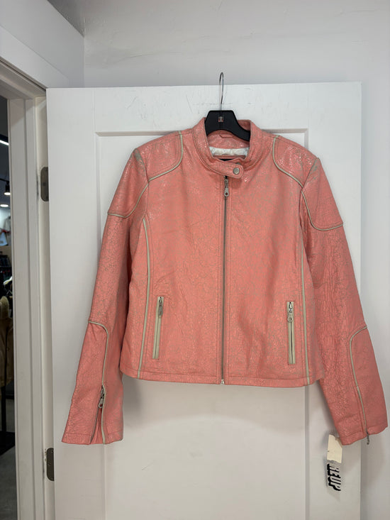 Y2k oscar leopold pink crackled leather racer jacket - size M