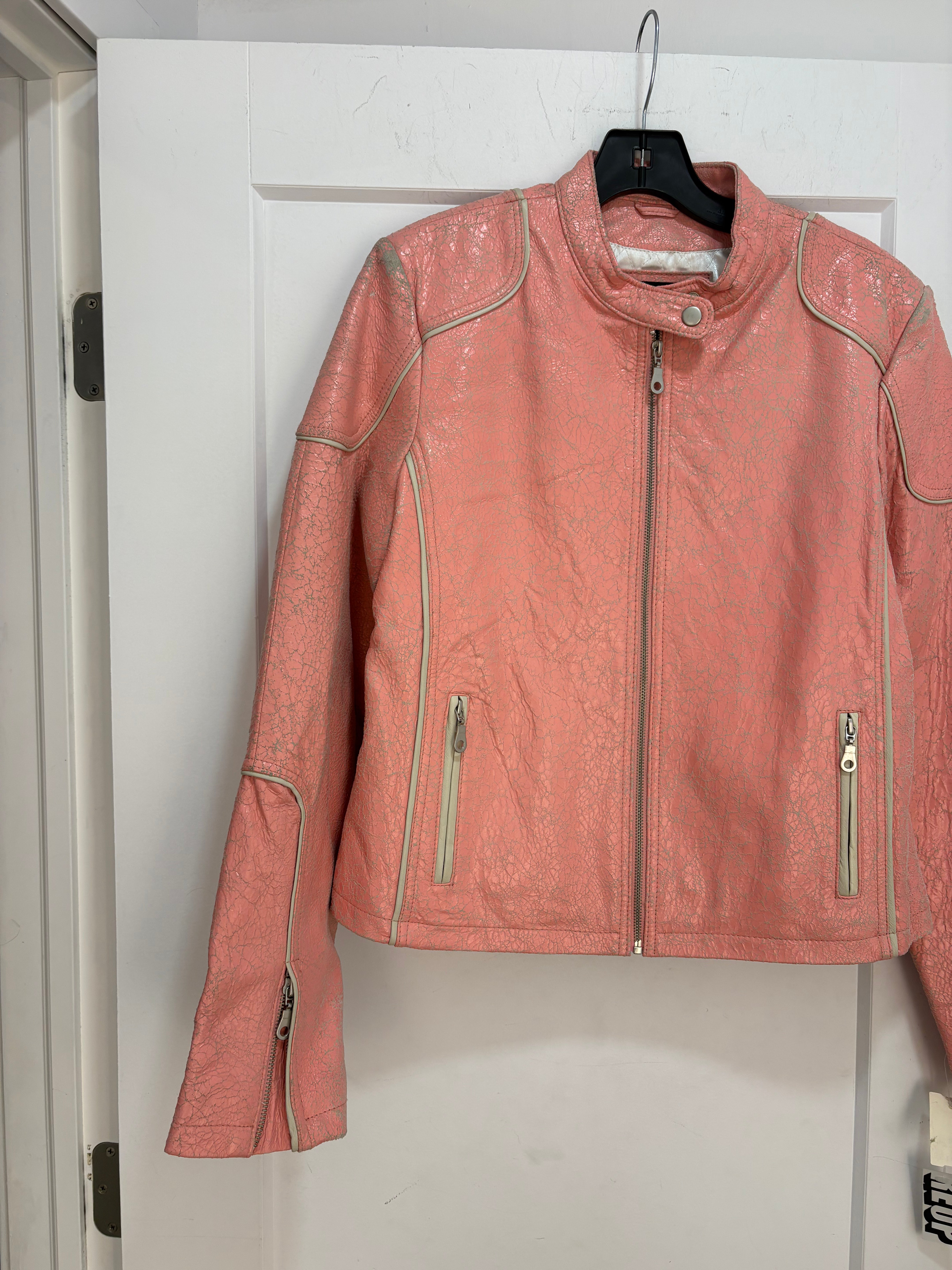 Y2k oscar leopold pink crackled leather racer jacket - size M