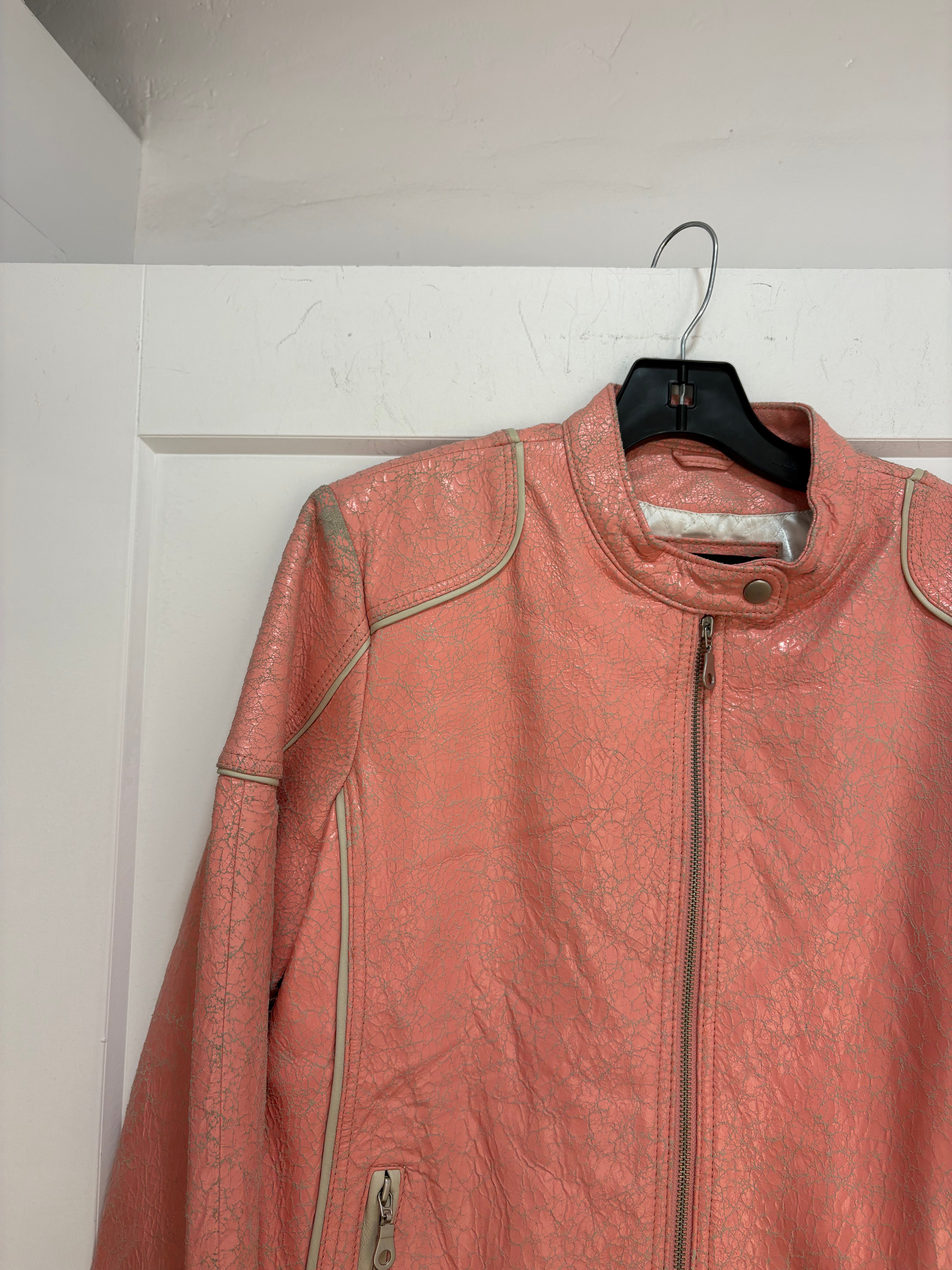 Y2k oscar leopold pink crackled leather racer jacket - size M