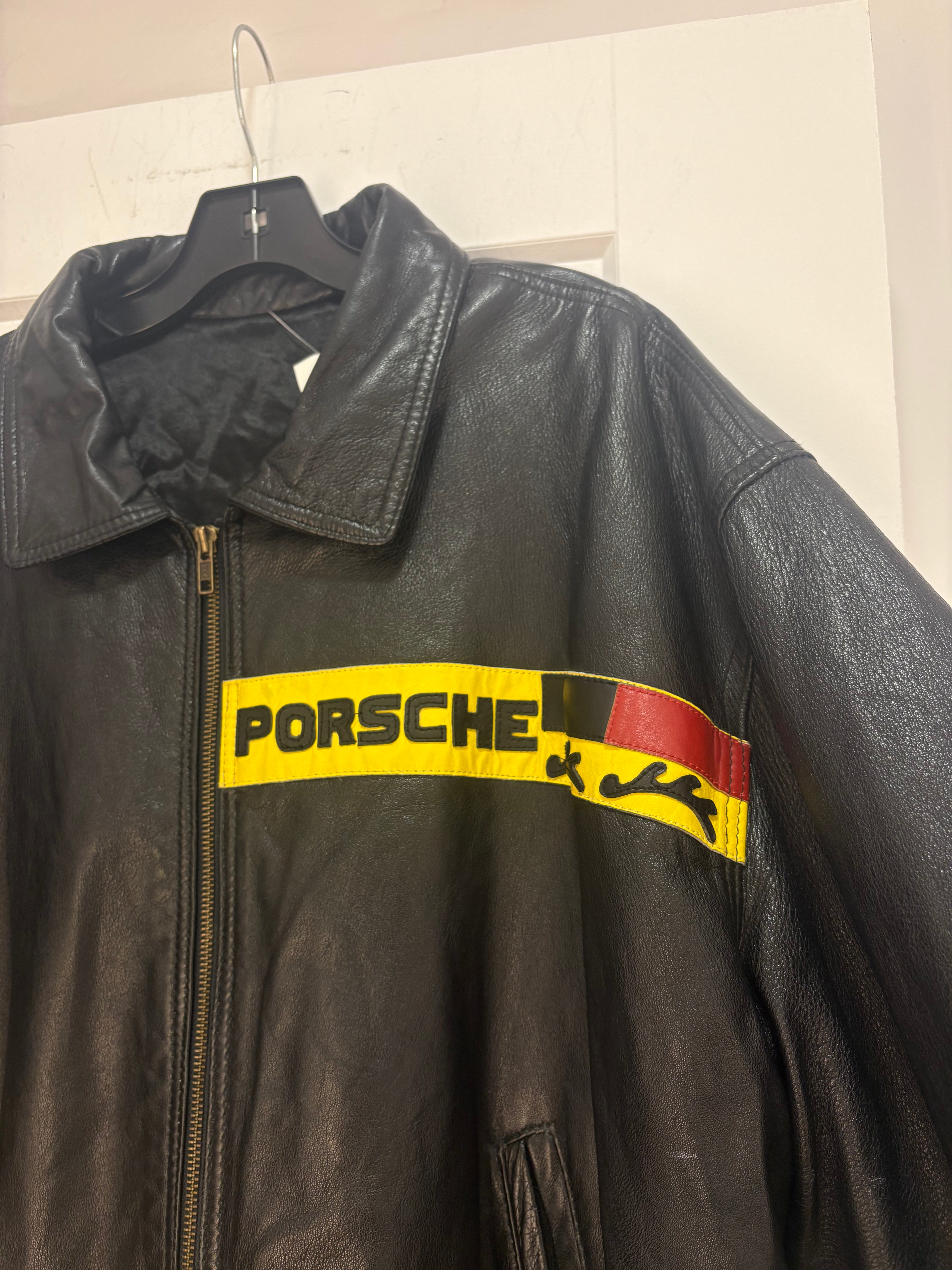 90s Porsche black leather jacket - size XXL