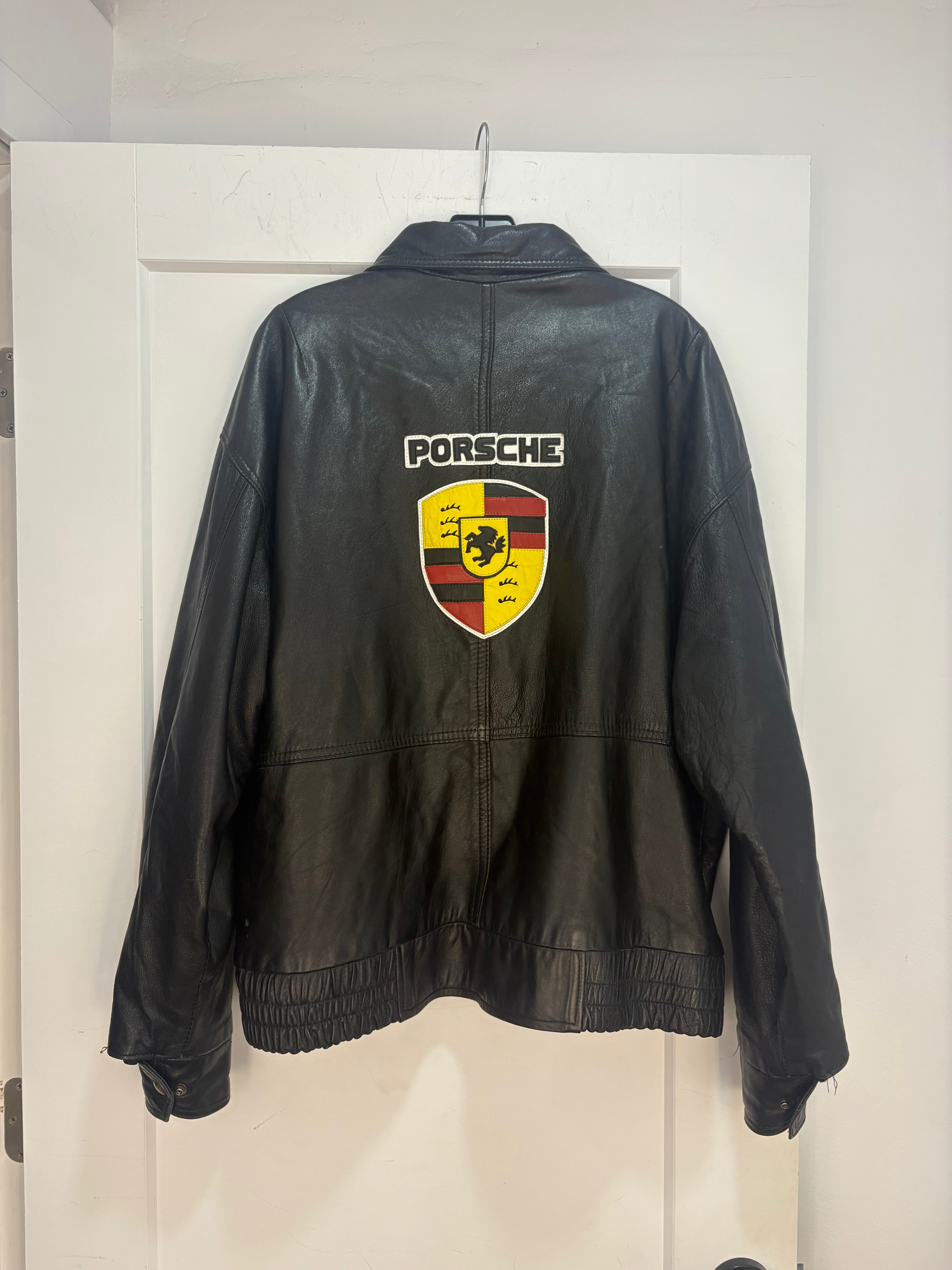90s Porsche black leather jacket - size XXL